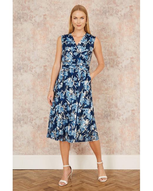 Yumi' Blue Floral Mesh Wrap Skater Dress With Pockets