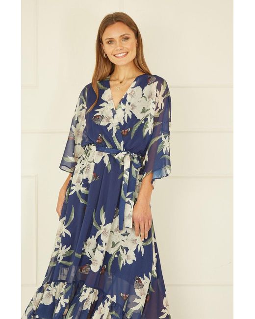 Yumi' Blue Floral Kimono Sleeves Dip Hem Wrap Midi Dress