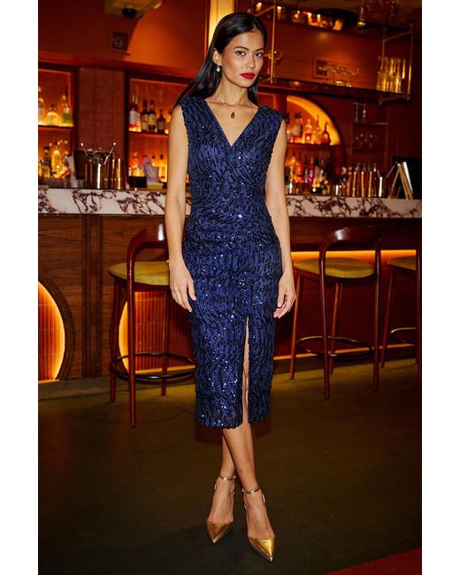 Yumi' Blue Sequin Fitted Wrap Dress With Split Hem
