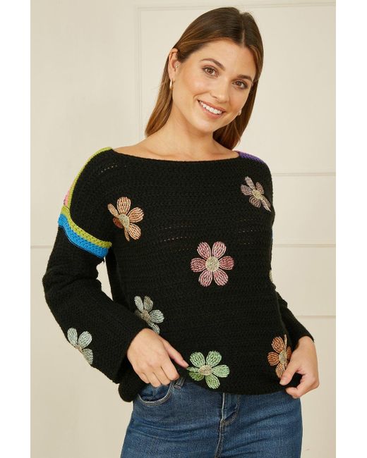 Yumi' Green Floral Crochet Knit Jumper