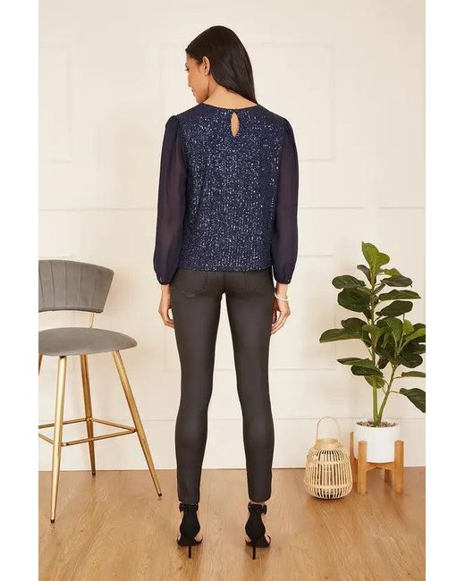 Yumi' Blue Sequin Top With Sheer Sleeves