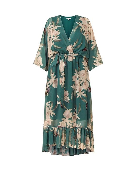 Yumi' Green Floral Kimono Sleeves Dip Hem Wrap Midi Dress