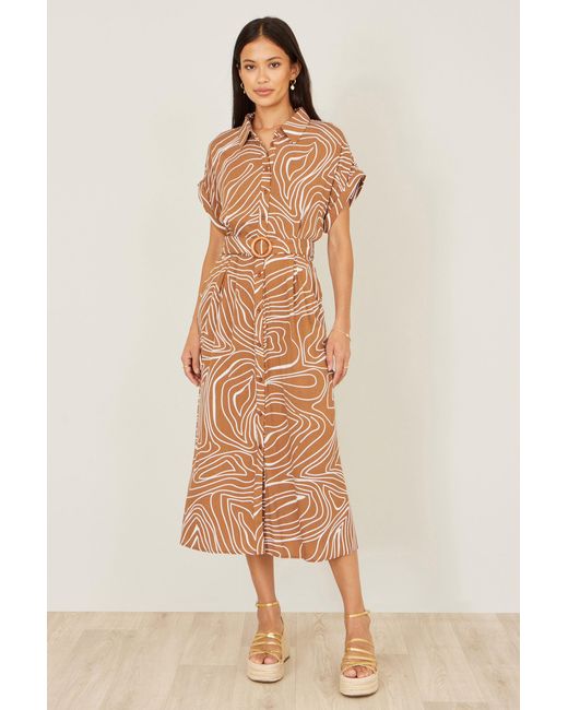 Yumi' Brown Abstract Swirl Print Relaxed Midi Shirt Dress With Belt