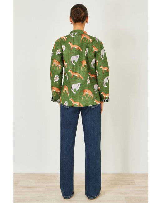 Yumi' Green Fox Print Reversible Cotton Quilted Jacket