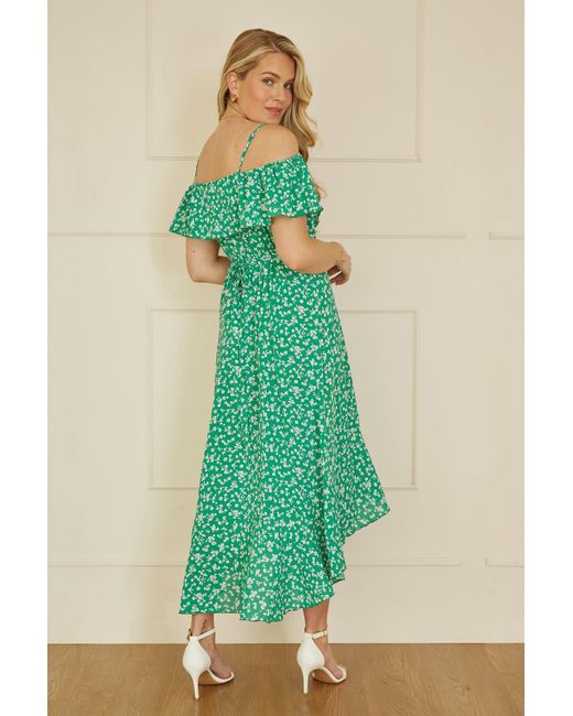 Yumi' Green Ditsy Print Bardot Midi Dress With Dip Hem