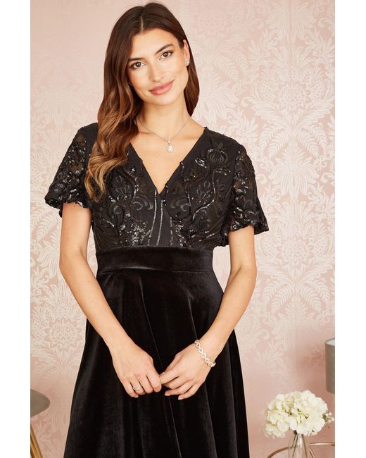 Yumi' Black Embellished Velvet Wrap Skater Midi Dress