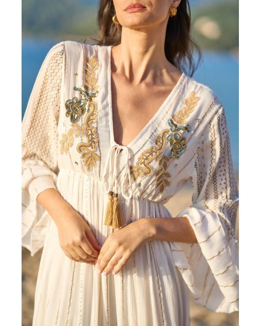 Yumi' Blue Metallic Embellished Maxi Dress With Long Sleeves