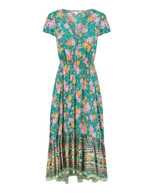 Yumi' Blue Festival Floral Print Ruched Waist Maxi Dress