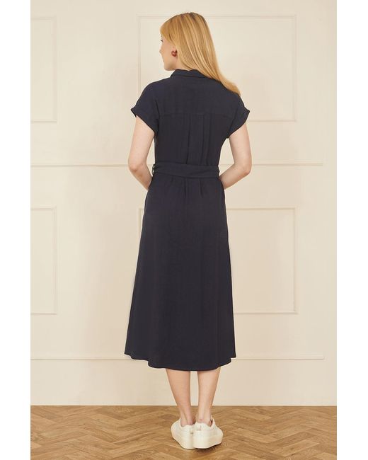 Yumi' Blue Viscose Linen Look Midi Shirt Dress With Wooden Belt