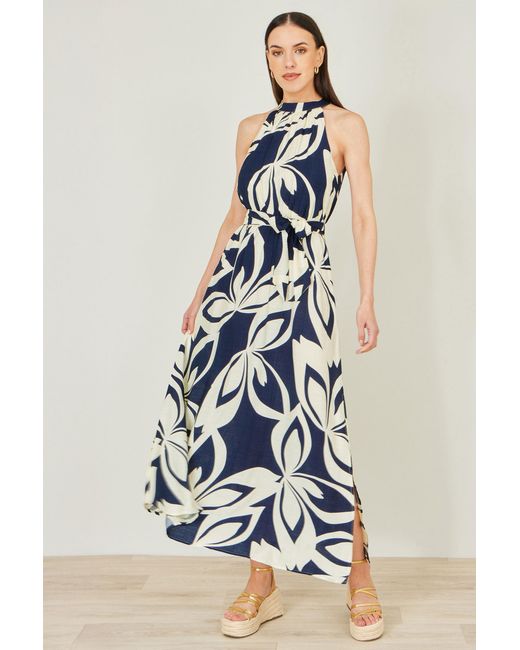 Yumi' Blue Geo Swirl Print Halter Maxi Dress