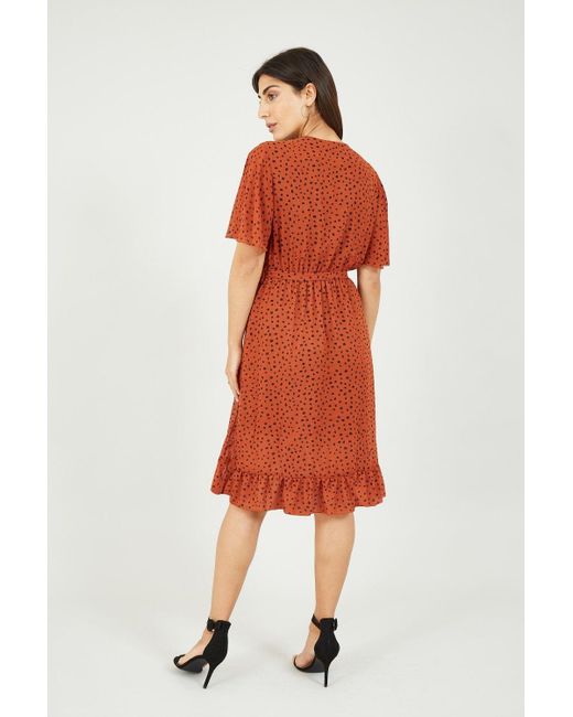 Mela London Red Dash Print Ruffle Wrap Dress