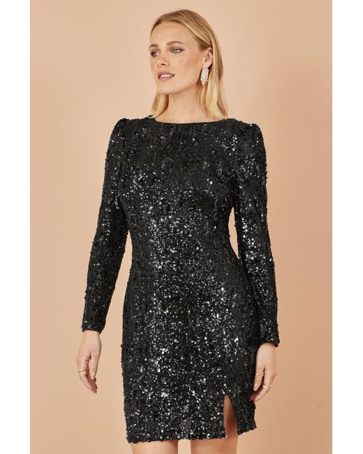 Yumi' Black Sequin Long Sleeve Fitted Dress