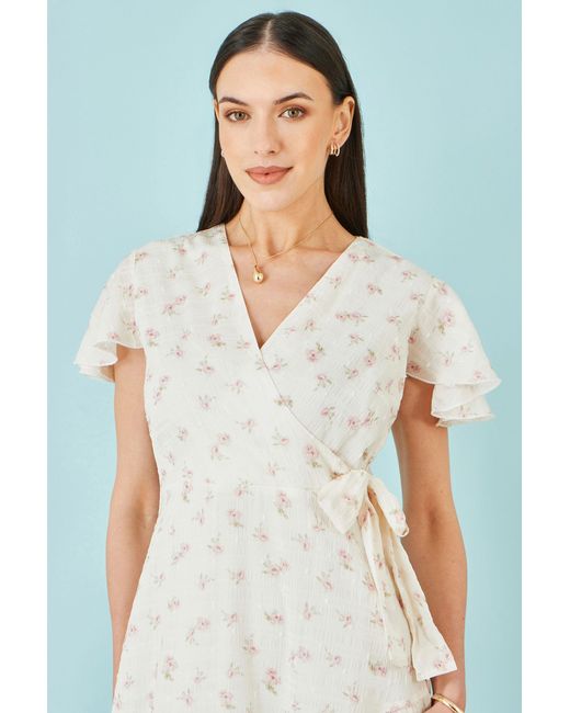 Yumi' White Rose Print Wrap Over Frill Dress