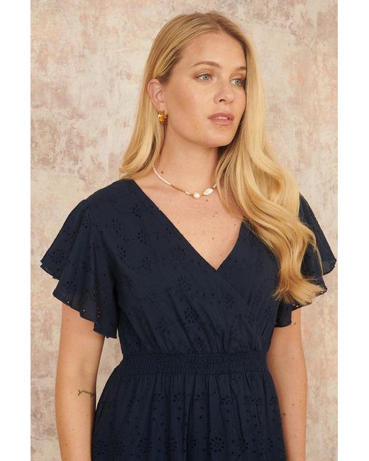 Yumi' Blue Cotton Broderie Anglaise Wrap Midi Dress