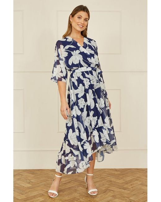 Yumi' Blue Mesh Bird And Floral Print Midi Dress With Ruffles