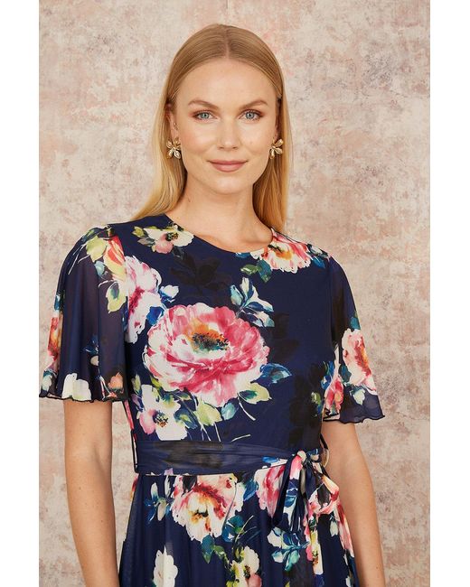 Yumi' Blue Mesh Floral Print Midi Dress With Angel Sleeves