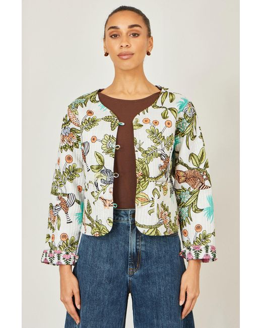 Yumi' Blue Botanical Print Reversible Cotton Quilted Jacket