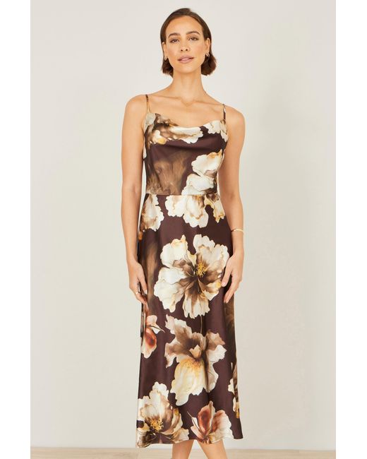 Yumi' Natural Cowl Neck Satin Floral Dress