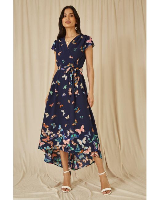 Yumi' Blue Butterfly Print Dip Hem Midi Wrap Dress
