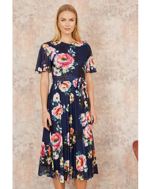 Yumi' Blue Mesh Floral Print Midi Dress With Angel Sleeves