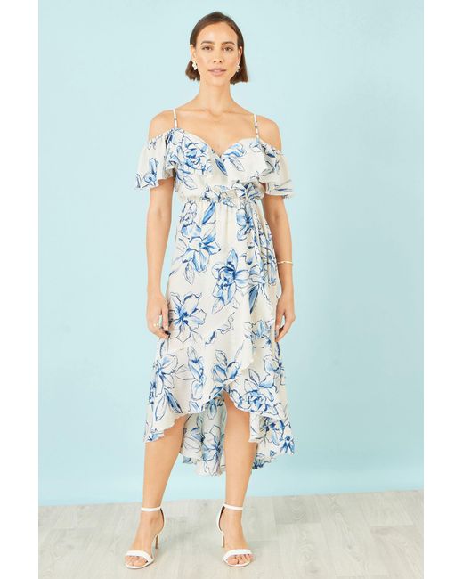Yumi' Blue Ivory Floral Print Bardot Midi Dress With Dip Hem