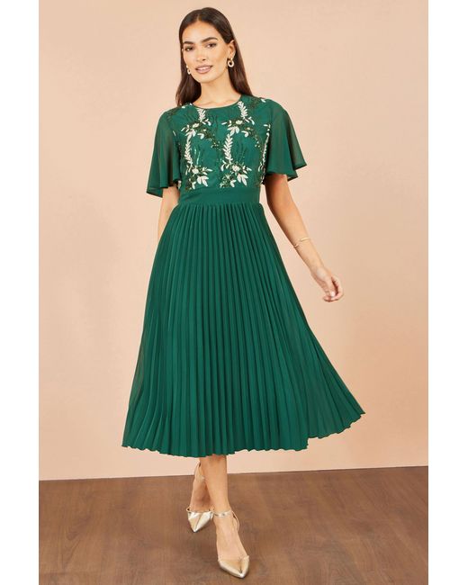 Yumi' Green Sequin Embroidered Pleated Midi Dress