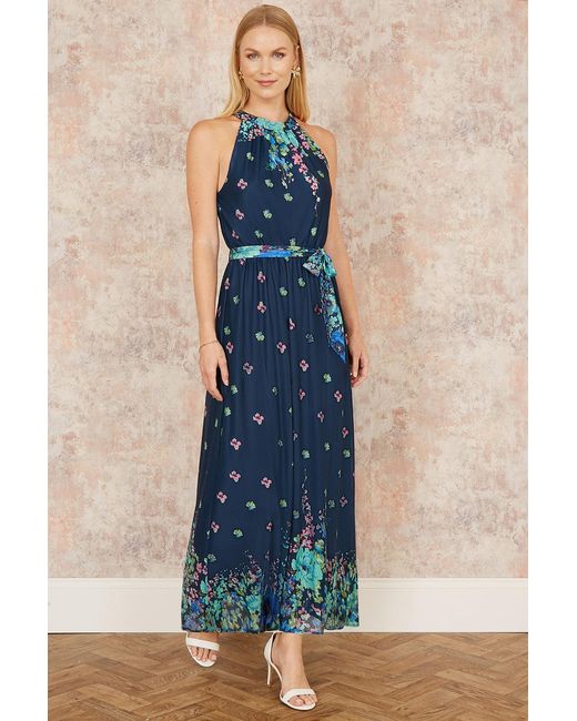 Yumi' Blue Mirror Floral Print Maxi Halter Neck Dress
