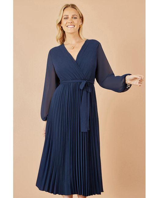 Yumi' Blue Pleated Wrap Midi Dress With Sheer Long Sleeves