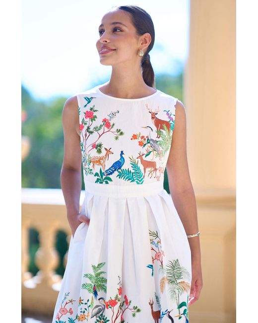 Yumi' Blue Woodland Animal Print Cotton Midi Skater Dress