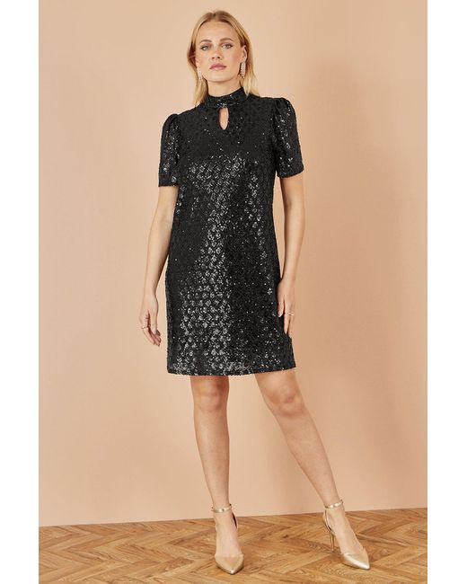 Yumi' Black Sequin Tunic Dress With Chevron Pattern & Keyhole Neckline