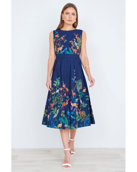 Yumi' Blue Woodland Animal Print Cotton Midi Skater Dress