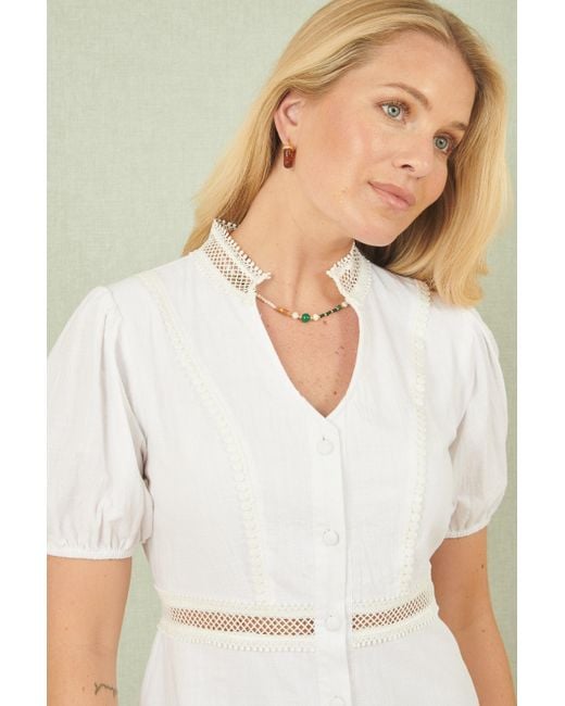 Yumi' White Cotton Lace Trim Skater Shirt Dress