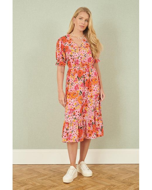 Yumi' Red Floral Midi Dress With Frill Hem And Puff Sleeves