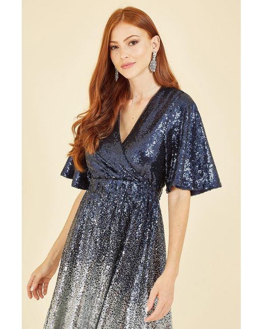 Yumi' Blue And Ombre Sequin Midi Wrap Dress