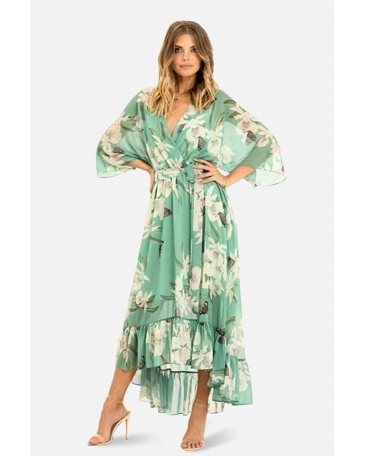 Yumi' Green Floral Kimono Sleeves Dip Hem Wrap Midi Dress