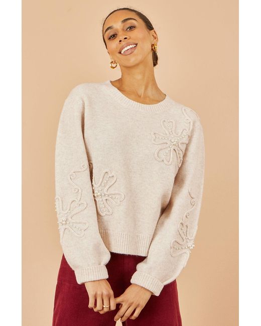 Yumi' Natural Knitted Jumper With Floral Applique