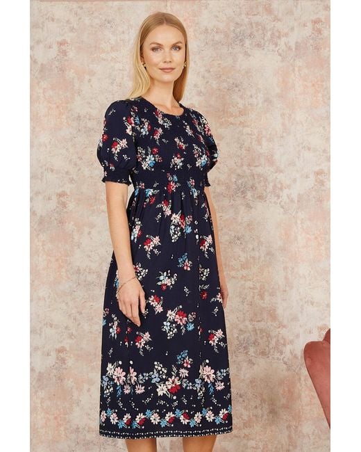 Yumi' Blue Recycled Floral Ruched Midi Dress With Puff Sleeves