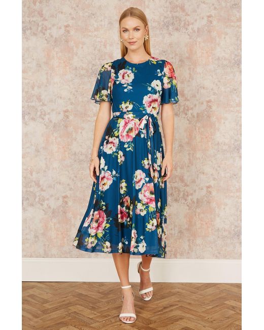 Yumi' Blue Mesh Floral Midi Dress With Angel Sleeves