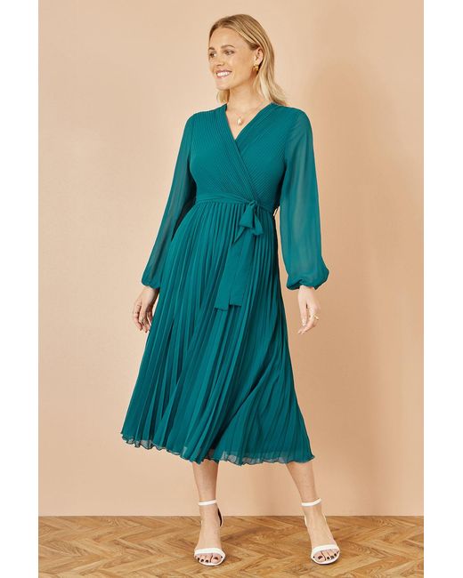 Yumi' Blue Pleated Wrap Midi Dress With Sheer Long Sleeves