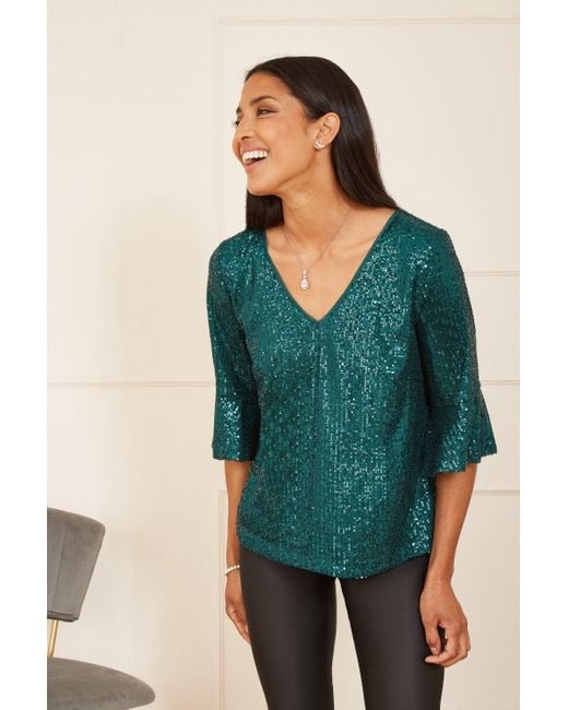 Yumi' Green Sequin Fluted Sleeve Party Top