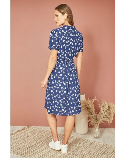 Yumi' Blue Daisy Print Retro Shirt Dress