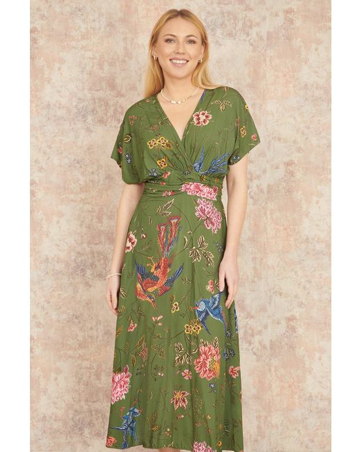 Yumi' Green Bird And Floral Print Ruched Waist Kimono Midi Dress