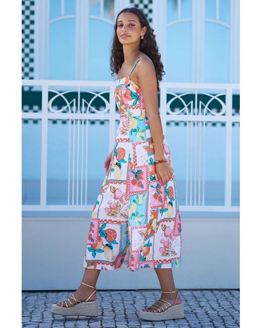 Yumi' Blue Multicolour Fruit Print Midi Sun Dress Ruched Back