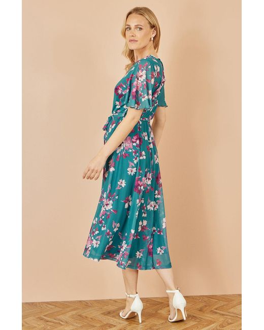 Yumi' Blue Mesh Skater Floral Midi Dress