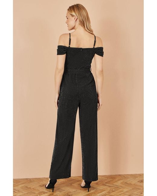 Yumi' Black Sparkle Stretch Bardot Jumpsuit