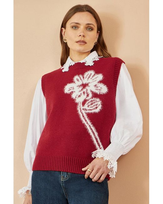 Yumi' Red Knitted Flower Sleeveless Jumper Vest