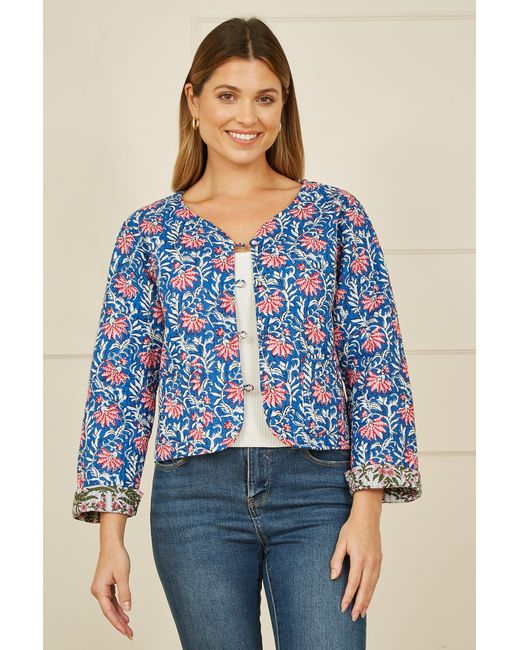 Yumi' Blue Floral Reversible Cotton Quilted Jacket