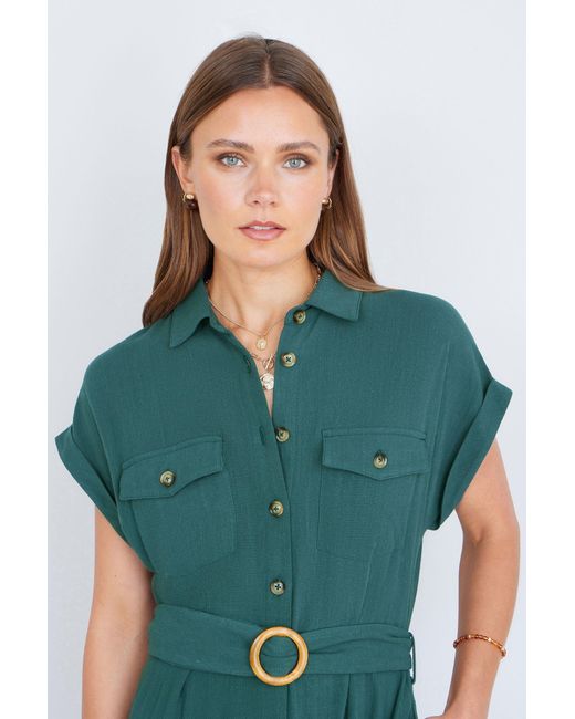 Yumi' Green Viscose Linen Look Midi Shirt Dress With Wooden Belt