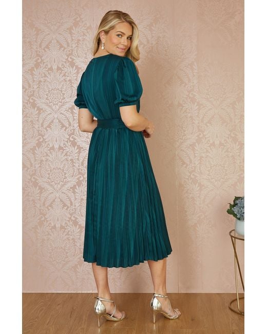 Yumi' Blue Satin Striped Midi Dress With Pleats And Matching Belt