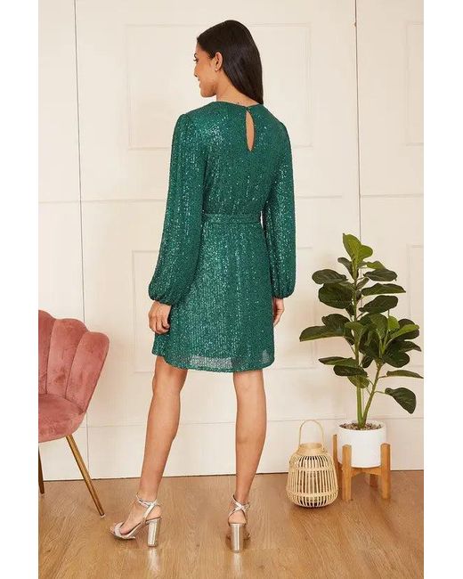 Mela Green Sequin Belted Wrap Long Sleeve Dress